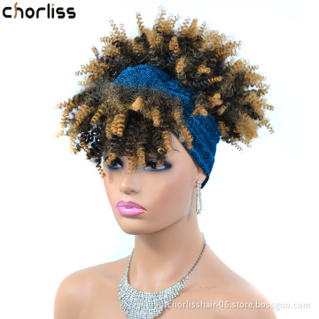 Wholesale Cheap Short Ombre Kinky Curly Fluffy Turban Wigs Wrap Heat Resistant Afro Synthetic Headband Attached Wigs For Women